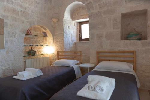 オストゥーニにあるLa Piazzetta dei Trulliの石壁のドミトリールーム ベッド2台