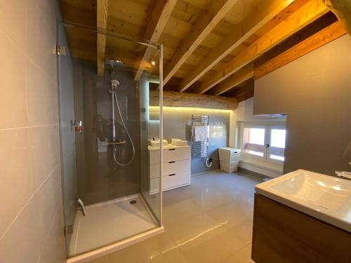 une salle de bain avec douche et lavabo dans l'établissement Chalet Mountain Vibes, aux Houches