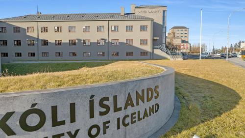 a sign for the university of islands ly of iceland at Student Hostel in Reykjavík