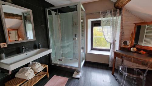 y baño con ducha acristalada y lavamanos. en Domaine Le Puits du Moulin, en Comberjon