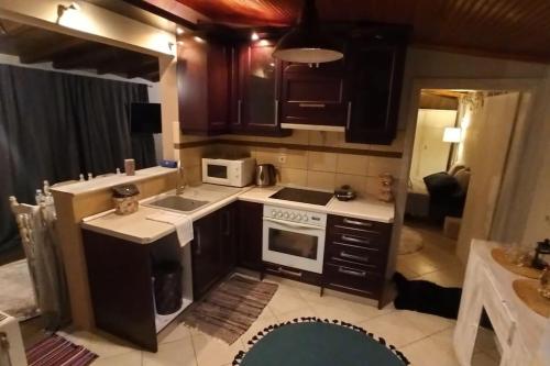 a small kitchen with a stove and a microwave at Tο Ξυλόσπιτο του Μύλου των Ξωτικών in Tríkala