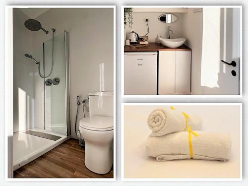 - deux photos d'une salle de bains avec douche et toilettes dans l'établissement Refael Garden Villa, 