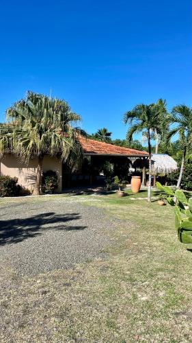 a building with palm trees in front of a yard at Papeth House in Le François