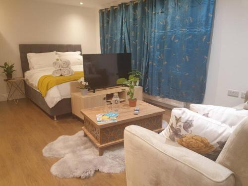 ein Wohnzimmer mit einem Bett und einem TV in der Unterkunft New - Bright London studio loft king bed apartment in quiet street near parks 1074 Lo in London