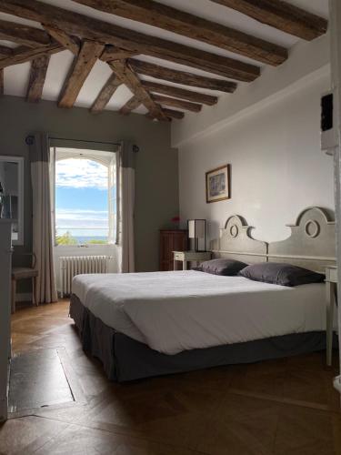 a bedroom with a large bed and a window at Château de Nazelles Amboise in Nazelles