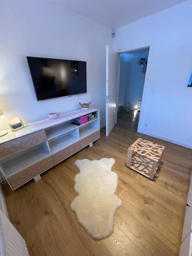 a living room with a television and a white rug at Apartament Poleczka Zakopane Kościelisko in Zakopane