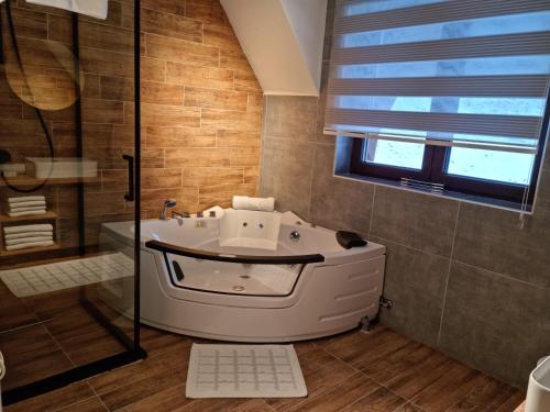 Garnet Star Apartments, Kopaonik, apartman broj 4 في كوباونيك: حمام مع حوض استحمام ومغسلة