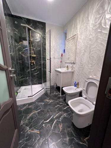 a bathroom with a toilet and a shower and a sink at Sarah Relax 1 in Drobeta-Turnu Severin