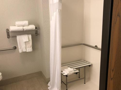 a bathroom with a towel rack and towels at Holiday Inn Express Mt. Vernon by IHG in Mount Vernon