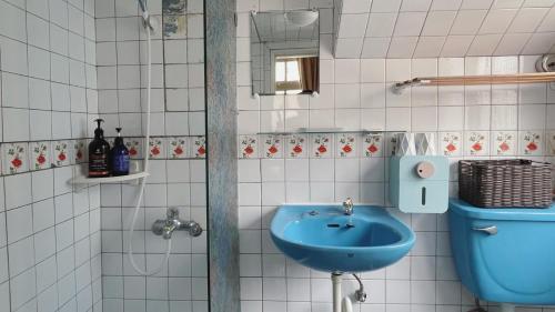 馬公市的住宿－澎湖姆居民宿，浴室配有蓝色水槽和卫生间。