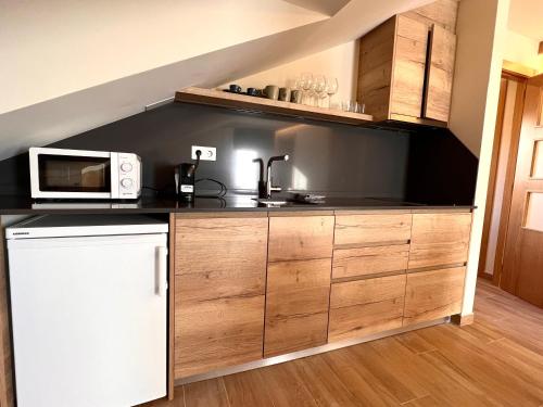 a kitchen with a white refrigerator and a microwave at Apartaments Areny - L'Amfitriona in Esterri d'Àneu