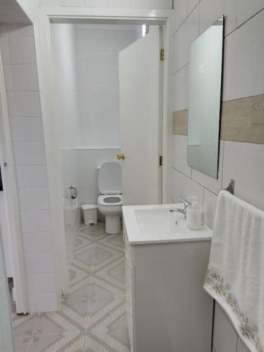 a white bathroom with a toilet and a sink at Rua de Baixo Apartments in Calheta
