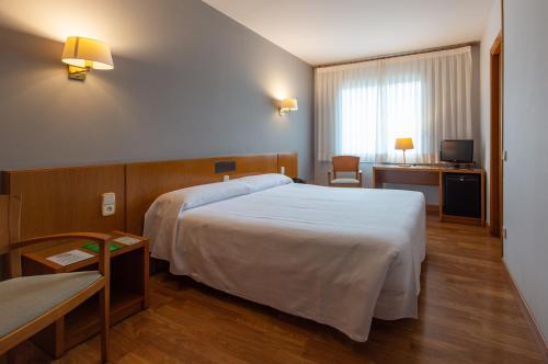 a hotel room with a large bed and a television at Hotel Borrell in Olot