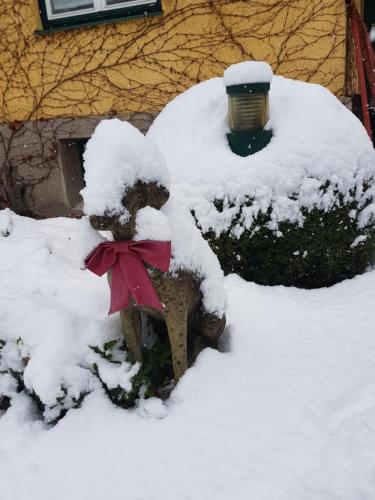 a snow covered bird bath with a light in the background at Gästehaus Grogger in Weyer Markt