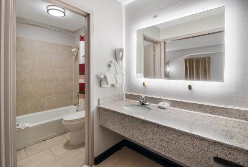 a bathroom with a sink and a toilet and a mirror at Red Roof Inn & Suites Jackson, TN in Jackson