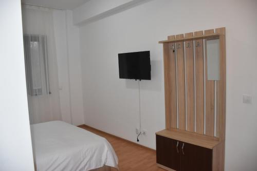 a bedroom with a bed and a flat screen tv at Pensiunea Sasha in Bîrnova