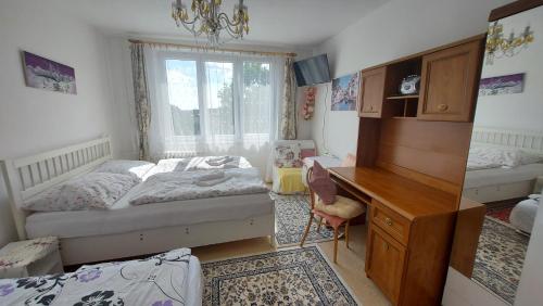 sypialnia z 2 łóżkami, biurkiem i biurkiem w obiekcie Apartments Meixner w Mariańskich Łaźniach