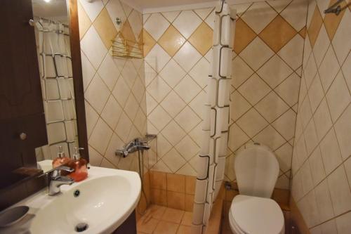 La salle de bains est pourvue d'un lavabo, de toilettes et d'une douche. dans l'établissement Vintage Apartment, à Athènes