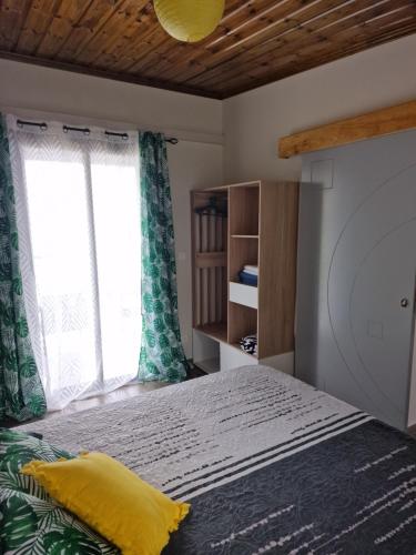 una camera da letto con un letto con un cuscino giallo e una finestra di Appartement océan Esparon a Petite-Île