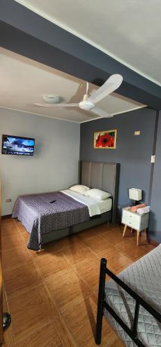 een slaapkamer met een bed en een plafondventilator bij La Casa de Bamboo in Ica
