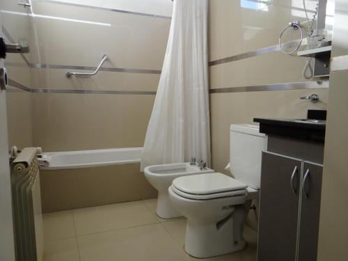 a bathroom with a toilet and a tub and a shower at Gran Hotel Laserre in Río Grande