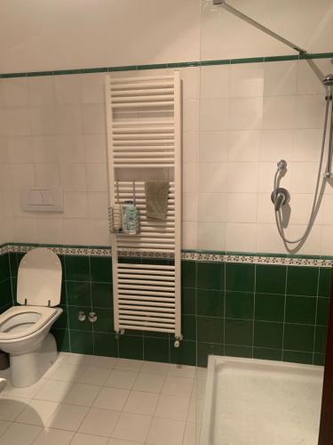 a green and white bathroom with a toilet and a shower at Bed en bubbels bennie en liisa in Ripatransone