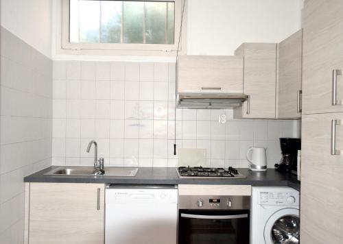 una pequeña cocina con fregadero y lavavajillas en Pavillon Lilly, en Menton