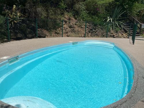 a large blue swimming pool in a yard at A Ka Foufou La in Bouillante