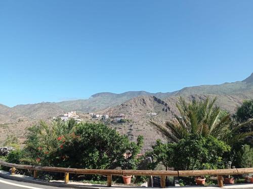 a road with palm trees and mountains in the background at Apartamento La Punta in Alojera