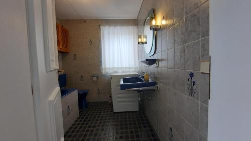 a bathroom with a blue sink and a mirror at Apartment Kirchmair in Innsbruck