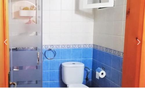 a blue and white bathroom with a toilet in it at Can Pep Yern 3 in Playa Migjorn