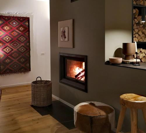 sala de estar con chimenea en la pared en GORA уютна планинска къща до ски зона Пампорово, en Progled