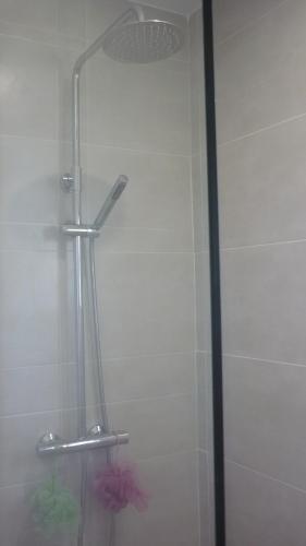 y baño con ducha con cabezal de ducha. en Logement fantastique avec vue imprenable, en Macisbenda