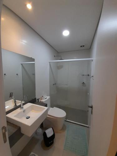 La salle de bains est pourvue d'un lavabo, de toilettes et d'une douche. dans l'établissement JK STUDIO Xavante com Garagem, à Pelotas