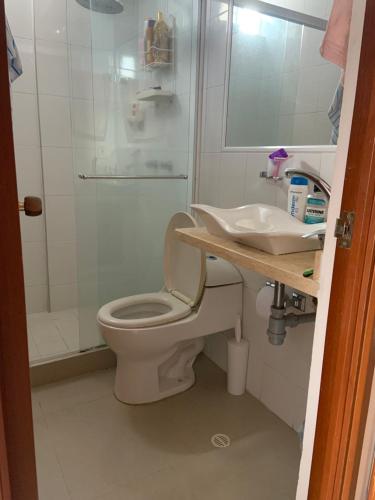 W łazience znajduje się toaleta, umywalka i prysznic. w obiekcie Habitaciones vista azul campestre-diagonal a la Foscal w mieście Floridablanca
