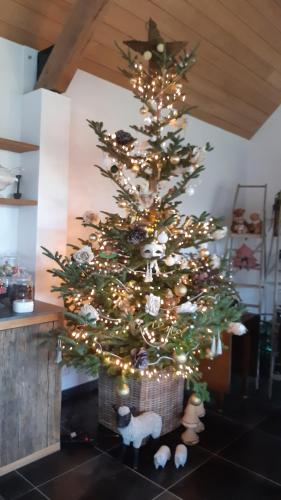 a christmas tree in a living room with a christmas ornament at Het Meikenshof in Dentergem
