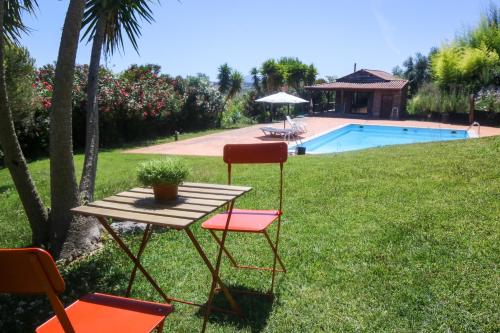 a table and chairs in the grass next to a pool at Poolside Wooden House in Moçarria