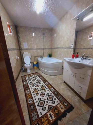 La salle de bains est pourvue d'une baignoire, de toilettes et d'un lavabo. dans l'établissement Pensiunea Adriana, à Vadu Izei