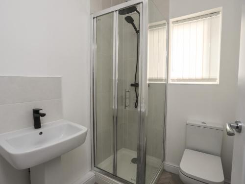 ein Bad mit einer Dusche, einem Waschbecken und einem WC in der Unterkunft Port Apartment 1 in Holyhead