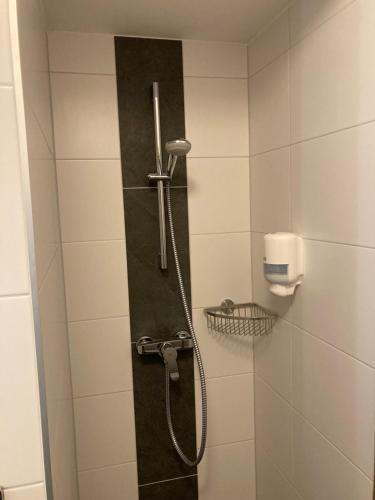 a shower in a bathroom with a glass door at Dorfgasthof Hotel Staberhof in Kellerberg