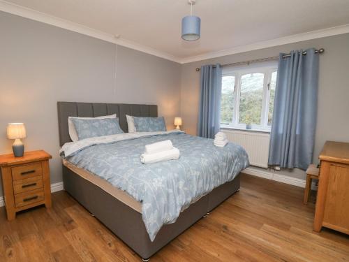 a bedroom with a bed and a window with blue curtains at Pen Y Banc in Builth Wells