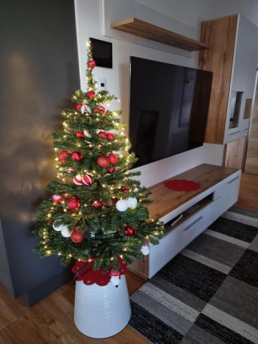 a christmas tree in a white pot in a living room at Golf & Ski Appartements Mittersill Trausmuth Monika inkl Sommercard - Golfplatz 500 m entfernt, inkl Waschmaschine, Trockner in Mittersill
