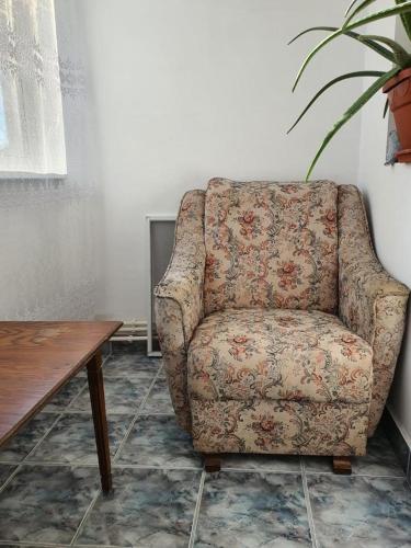 une chaise assise dans un salon avec une table dans l'établissement RazDav Straja Central, à Lupeni