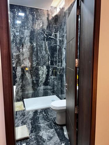 La salle de bains est pourvue de toilettes et d'un mur en marbre noir. dans l'établissement Dar Barbara - Duplex 1 Double bedroom Maisonette, à Cospicua
