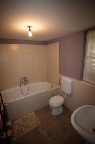 a bathroom with a tub and a toilet and a sink at Holiday Home Mihovilovic in Premantura