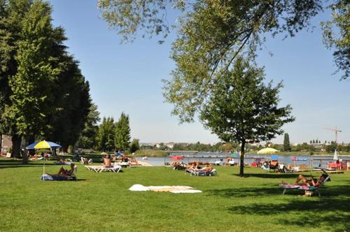 a group of people sitting in the grass in a park at Schönes Living am Donauufer in Vienna