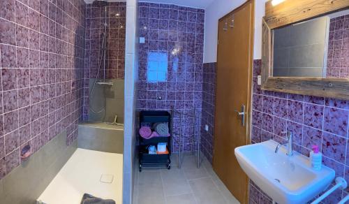 een badkamer met paars betegelde muren en een wastafel bij Zur Streuobstwiese 