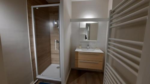 une salle de bain avec douche et lavabo dans l'établissement Océane Flore appart vue mer, à Les Sables-dʼOlonne