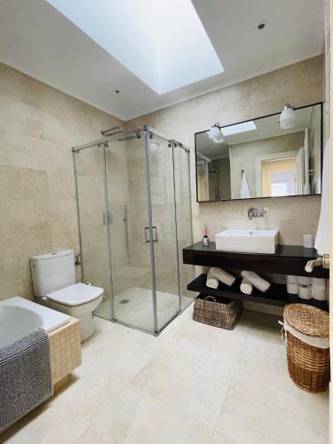 a bathroom with a shower and a toilet and a sink at Atico al lado del Ayuntamiento in Oviedo