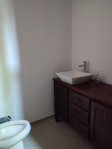 La salle de bains est pourvue d'un lavabo et de toilettes. dans l'établissement LOMAS AEROPUERTO, à San Agustin de las Juntas